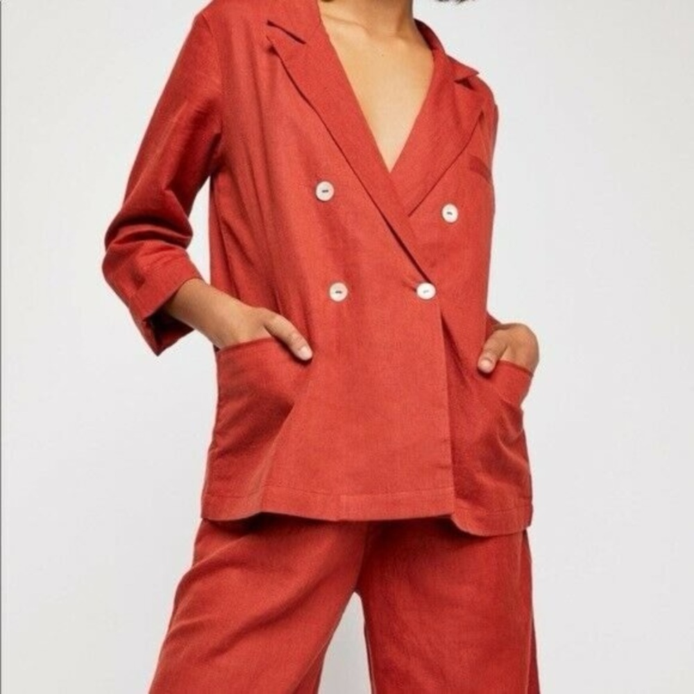 Free people Anthropologie rust double breasted oversized linen blazer size xs